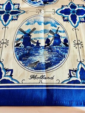Vintage Dutch Holland Blue Windmill Tea Towel Delft Style